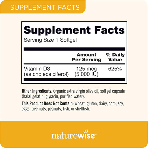 NatureWise Vitamin D3 5000iu (125 mcg) Healthy Muscle Function, and Immune Support, Non-GMO, Gluten Free in Cold-Pressed Olive Oil, Packaging Vary...