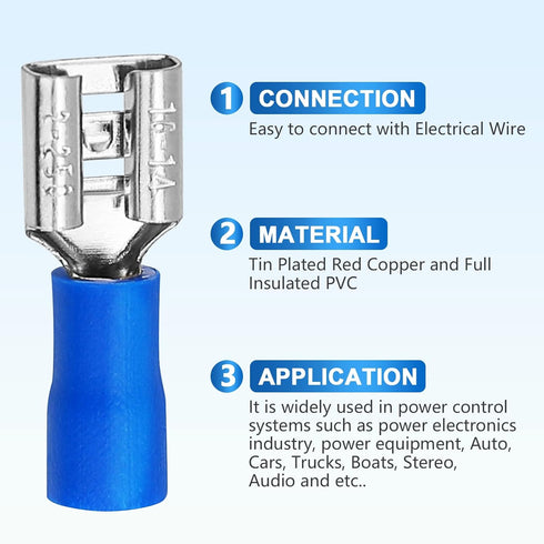 200 Pcs Female and Male Quick disconnects Vinyl Insulated Spade Wire Connectors, Blue Electrical Crimp Terminal 16-14 AWG (6.3mm)...