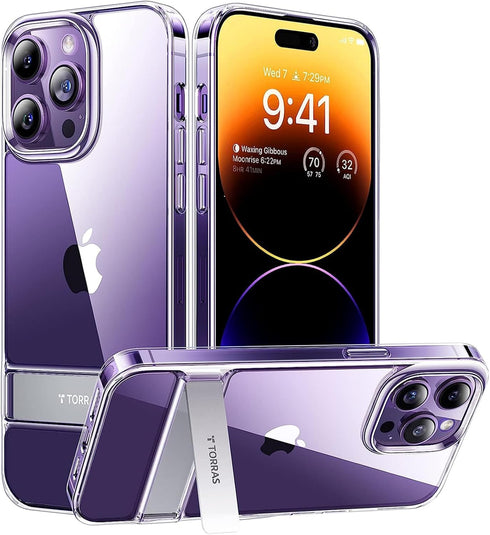 TORRAS MoonClimber Designed for iPhone 14 Pro Case Clear with Stand Metal Kickstand, Non-Yellowing, 10FT Military Drop Protective Shockproof Slim ...