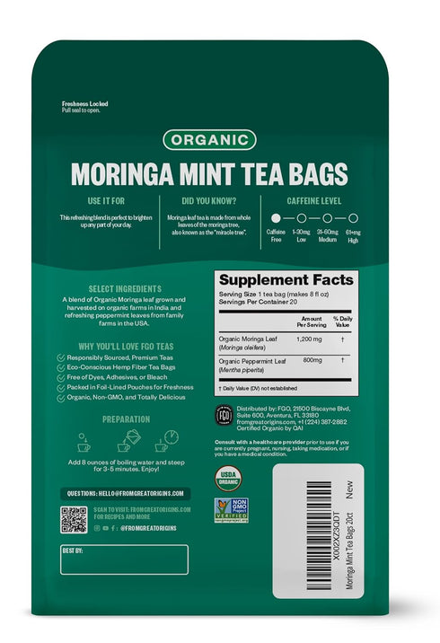 FGO Organic Moringa Mint Tea, 20 Count, Eco-Conscious Herbal Tea Bags, Resealable Bag, Caffeine Free, Packaging May Vary (Pack of 1)...