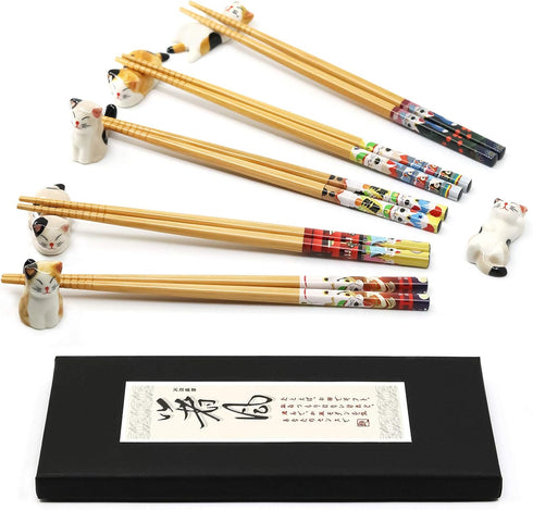 5 Pairs Chopsticks with 6 Cute Lucky Cats Chopstick Rest Set, Classic Japanese Style Reusable Light and Handy Natural Bamboo, Chinese Chopstick gi...