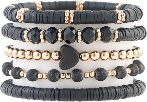Heishi Beaded Stretch Bracelets for Women Stackable Gold Polymer Clay Beads Bracelets Friendship Boho Summer Beach Bracelets Jewelry Set...