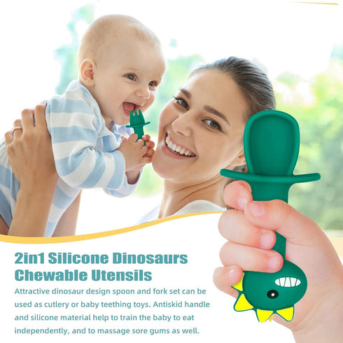SHARE&CARE 2 Pack Silicone Baby Spoons and Fork Feeding Set- Anti-Choke First Self Feeding Utensils for Baby Led Weaning...