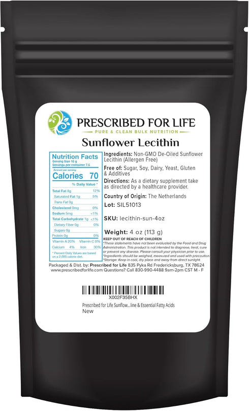 Prescribed For Life Sunflower Lecithin Powder, Unbleached, Gluten Free, Vegan, Non GMO, Soy Free, Kosher, Naturally Rich in Choline & Essential Fa...