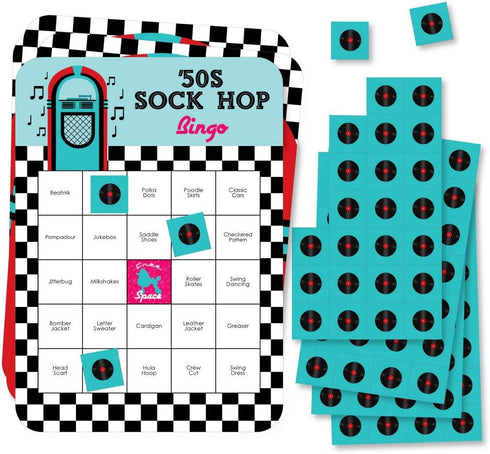 Big Dot of Happiness 50’s Sock Hop - Bar Bingo Cards and Markers - 1950s Rock N Roll Party Bingo Game - Set of 18...