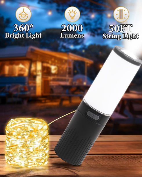 Camping String Lights, 4 in 1 Outdoor String Lights with 9 Light Modes(50Ft), LED String Lights Waterproof IPX6 Portable Camping Lantern Rechargea...