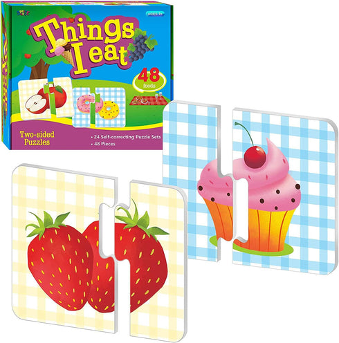 48 Food Matching Puzzles with Error-Correction Mechanism Pre-Primer in 2 Pieces, Perfect for Preschool Learning (24 Blocks Double Sided)...