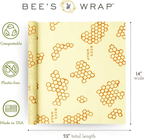 Bee's Wrap Beeswax Wraps for Food - Honeycomb Cut to Size 14x52" Wax Paper Roll - Made in USA Reusable Waxed Paper & Bowl Covers - Organic & Eco-F...