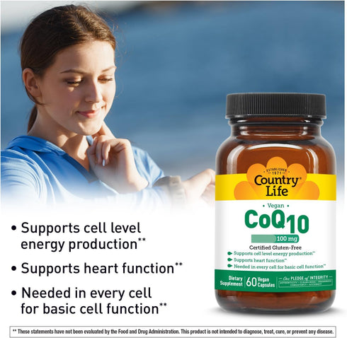 Country Life Simply CoQ10 100mg – Supports Heart Function & Cellular Energy, Vegan Softgels, Certified Gluten-Free, Non-GMO Supplement, 60 ct – Ca...