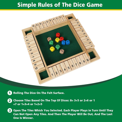 Shut The Box Dice Game with 8pcs Dices 12 inch Traditional Wooden Table Math Board Game 10 Numbers for Kids Adults, Family Classroom Home or Pub B...