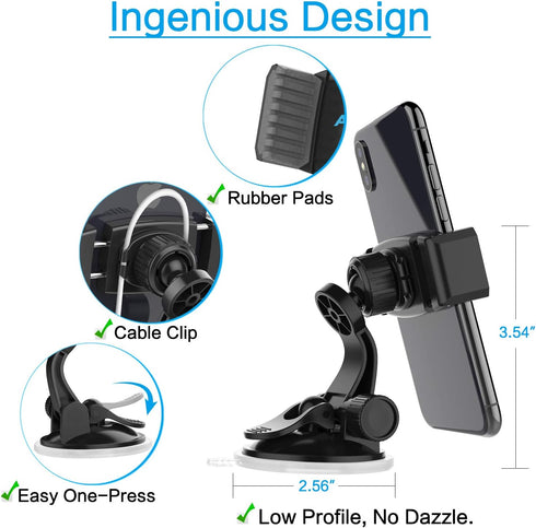 APPS2Car Suction Cup Phone Holder for Car with Adjustable Arm, Low Profile Dashboard Phone Mount Compact Windshield Window Dash Mobile Stand Compa...