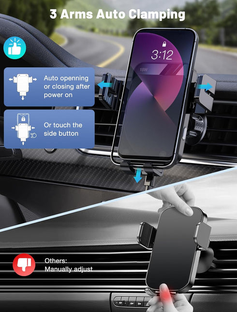 Wireless Car Charger, MOKPR Auto-Clamping Car Mount 15W/10W/7.5W Fast Charging Air Vent Car Phone Mount Compatible with iPhone 15/14/13/13 Pro/12 ...