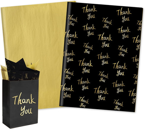 Whaline 100 Sheets Black Gold Tissue Paper Gold Thank You Gift Wrapping Paper Metallic Decorative Art Paper for DIY Crafts Birthday Baby Shower Pa...
