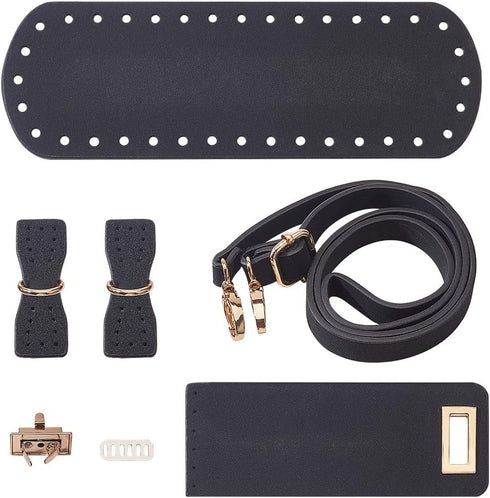 PandaHall DIY PU Leather Bag Knitting Set, Leather Bottom/26' Shoulder Strap/Bag Twist Lock/Flap Cover/Buckles for Crochet Handbag Tote, Black (7 ...