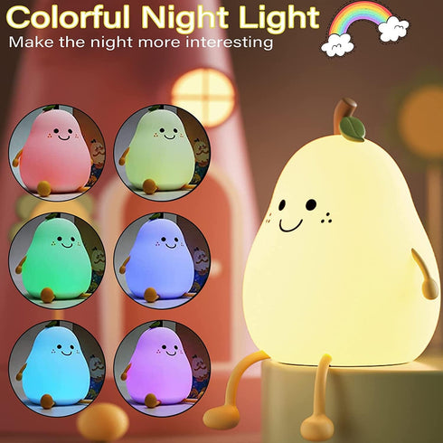Cute Night Light Rechargeable with 7 Color Changing and Timer, Kids Pear Night Light for Toddler Baby Christmas Gifts, Touch Portable LED Silicone...