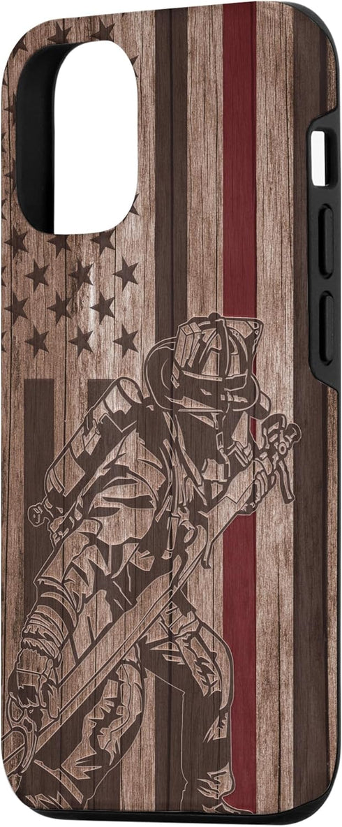 iPhone 13 Wood Fireman American Flag Thin Red Line US Firefighter Gift Case...