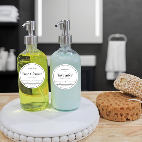 Cornucopia Brands 16-Ounce Clear Glass Bottles w/Stainless Steel Pumps (2 Pack), Soap Dispenser Great for Essential Oils, Lotions, Liquid Soaps...