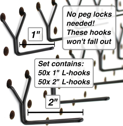 Steel Pegboard Hooks 50-Pack 1" + 2” L Hook, Black - Will Not Fall Out, Fits Any Peg Board - Organize Tools, Accessories, Workbench, Garage Storag...