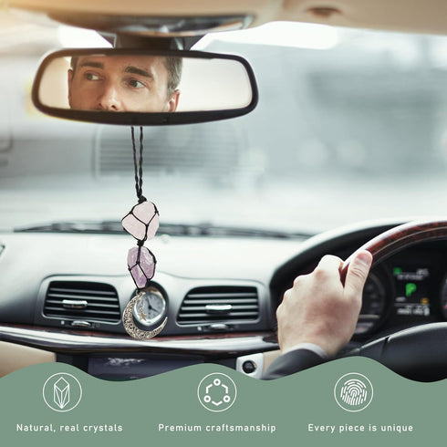 Hanging Car Charms, Tourmaline & Calcite Car Ornament, Crystal Car Rear View Mirror Interior Accessories, Car Handmade Moon Decoration, Valentine'...