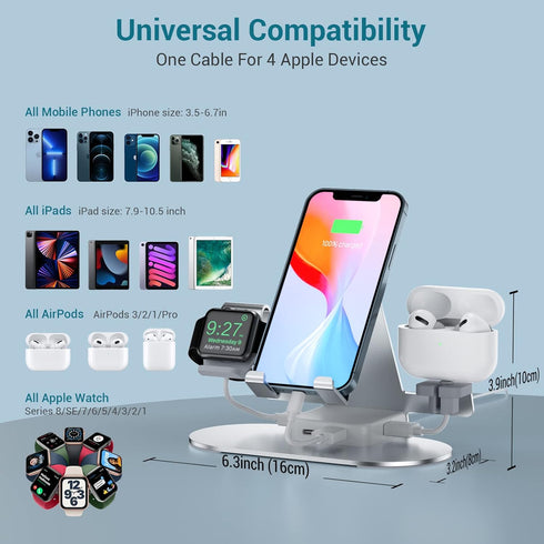 4 in 1 Charging Station for Multiple Devices Apple, Aluminum Apple Watch Charger Stand for iWatch Series, iPhone 14/13/12/11/X/8/7/6, iPad,Airpods...