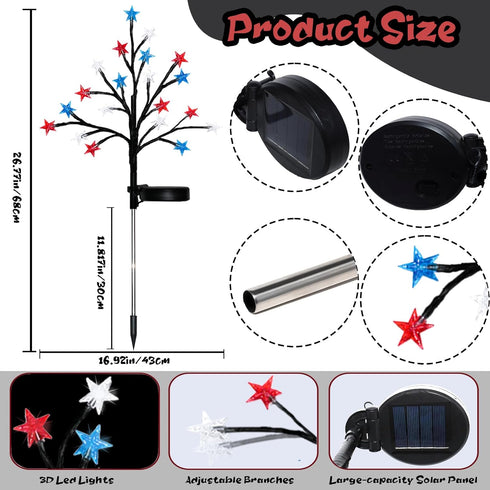 2 Pack 4th July Decorations Outdoor Solar Lights Patriotic Decorations Solar Red White Blue Star Lights Waterproof Outdoor Independence Day Lights...