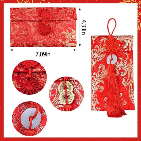 Hying 6 PCS Silk Red Envelope Chinese HongBao Card Envelopes Lucky Money Red Pockets Chinese Red Gift Card Envelopes Gift Wrap Bags with Knot/Copp...