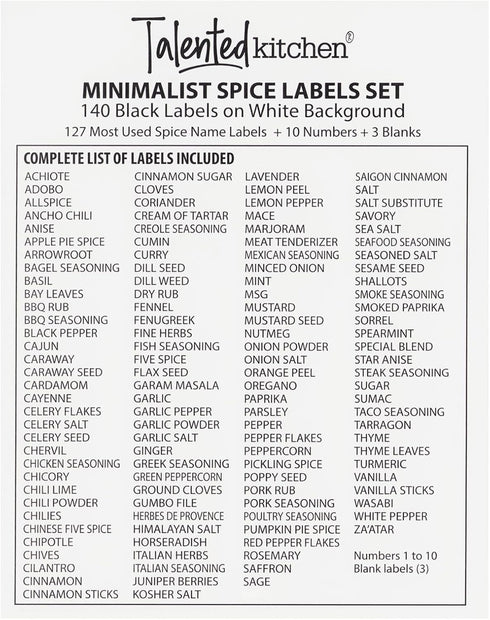 Talented Kitchen 140 Minimalist Spice Jar Labels - Preprinted Waterproof Kitchen Organization Stickers - Black Text Seasoning Labels for Spice Jar...