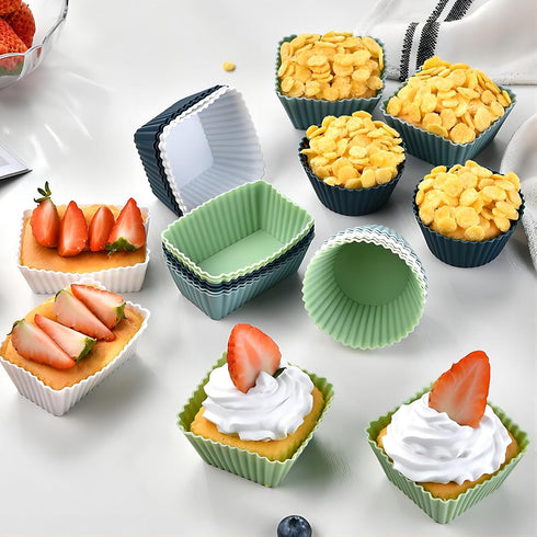 12 Pack Reusable Silicone Cupcake Baking Cups, 3 Shapes of Standard Round & Square & Rectangle,Muffin Liners,Non-Toxic, BPA Free, Dishwasher Safe...