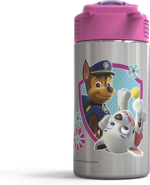 Zak Designs Paw Patrol Skye - Stainless Steel Water Bottle with One Hand Operation Action Lid and Built-in Carrying Loop, Straw Spout is Perfect f...