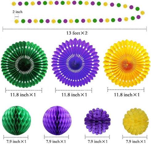 Decor365 Gold Purple Green Mardi Gras Party Decorations Glitter Circle Garlands Banner Hanging Paper Fan Tissue Pompoms Fat Tuesday Mardi Gras Bir...