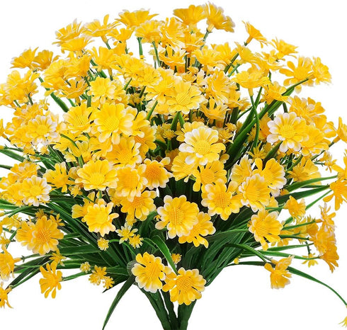 Artificial Daisies Flowers Outdoor UV Resistant 4 Bundles Fake Foliage Greenery Faux Plants Shrubs Plastic Bushes for Window Box Hanging Planter F...