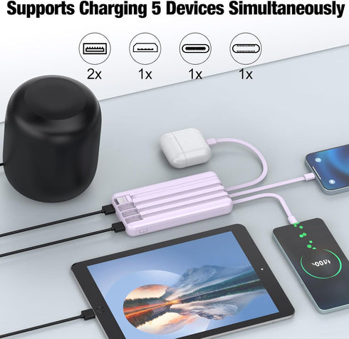 Portable Charger with Built in Cables,High Speed Power Bank 10000mAh Travel Battery Pack 5 Outputs 3 Inputs Portable Phone Charger Backup Battery ...