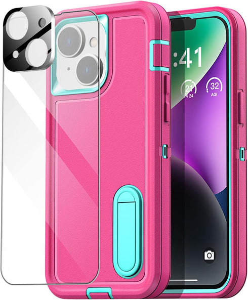 AICase for iPhone 14 Case Built-in Kickstand with Glass Screen Protector+Camera Lens,Heavy Duty Drop Protection Full Body Rugged Shockproof Milita...