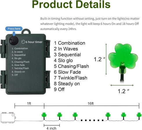 WATERGLIDE 1 Pack St. Patricks Day Shamrocks Lights, 50 LED Outdoor Decorative String Lights, Battery Operated Lucky Clover Light, 8 Lighting Mode...
