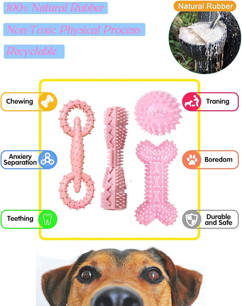 4 Pack Puppy Toys for 2-8 Months Teething Pets Dog Chew Toy Puppies Teeth Cleaning Toy Food Dispensing Soft Rubber Bone Funny Ball Interactive Don...