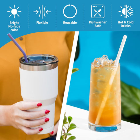 10 Reusable Silicone Drinking Straws + Cleaning Brush, 30oz - 20oz Tumblers Compatible, Dishwasher Safe, Extra Long Straw - Silicone Straws Reusab...