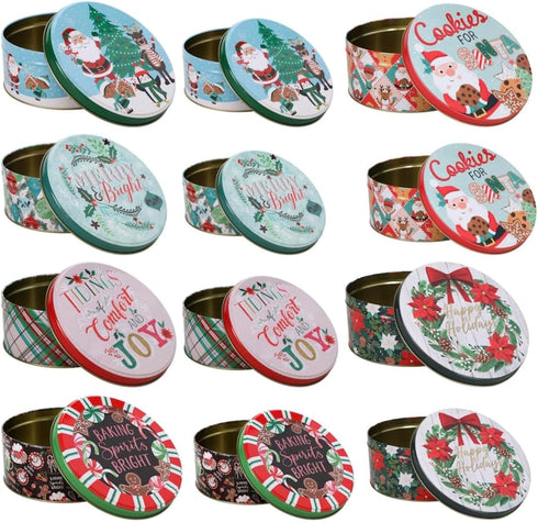 Round Nesting Tins With Holiday Print Designs Bundle of 2 Round Metal Tins with Lids for Cookies, Candy, Food Presents - 1- 6 and 3/4 Inches and 1...