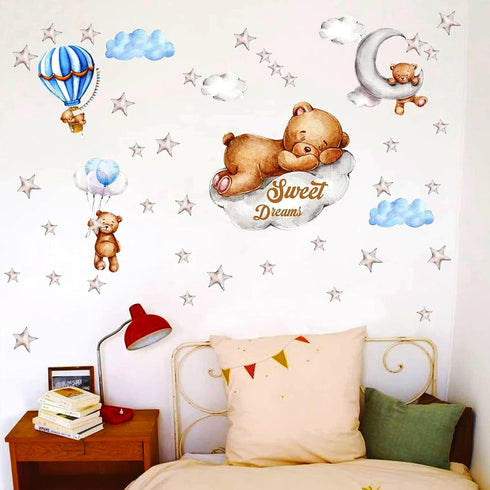 Tedy Bear Moon & Stars Wall Decor - Sleeping Bear Wall Stickers, Baby & Nursery Room Decor...