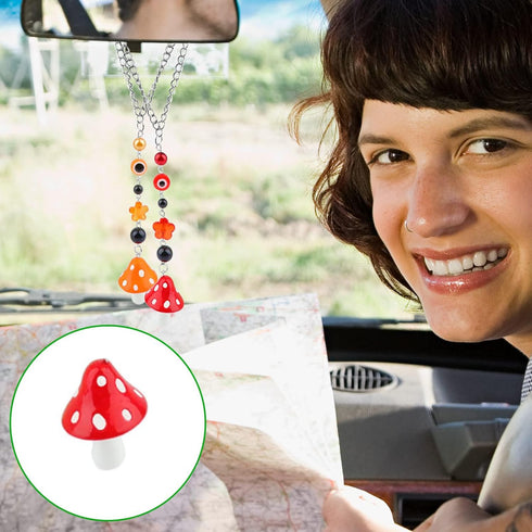 5 Pack Car Evil Eye Beaded Charms Car Hanging Accessories, Car Hanging Ornament Rear View Mirror Pendant Mushroom Mirror Hanging Car Interior Acce...
