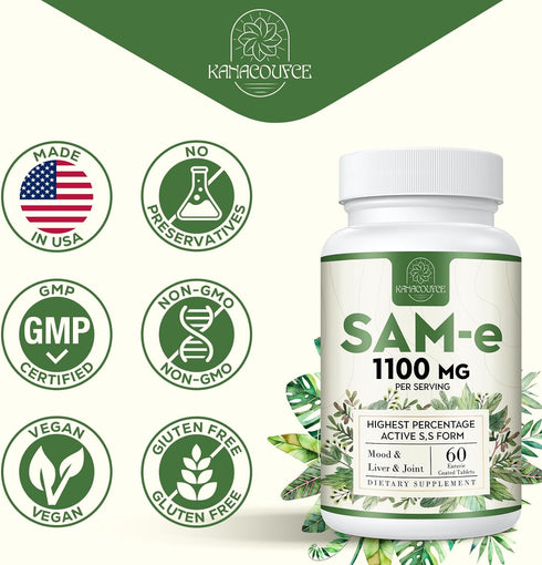 1100mg SAM-e (S-Adenosyl-L-Methionine), SAM e Supplement for Mood, Joint & Liver, Highest Concentration of Active S,S Form SAMe, Vegan, 60 Tablets...