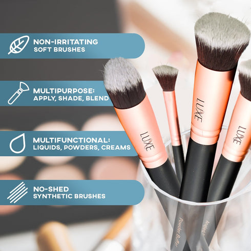 Luxe Premium Makeup Brushes Set for Face and Eye - Synthetic Brushes for Foundation, Powder, Blush, Eyeshadow - Brush Cleaning Solution Included -...