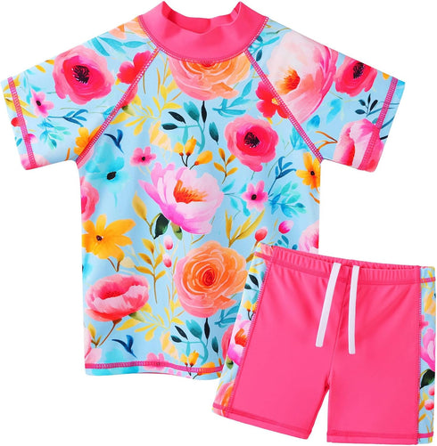 Girls Two Piece Swimsuit Floral UPF 50+ Rash Guard Set Kids Swimwear...