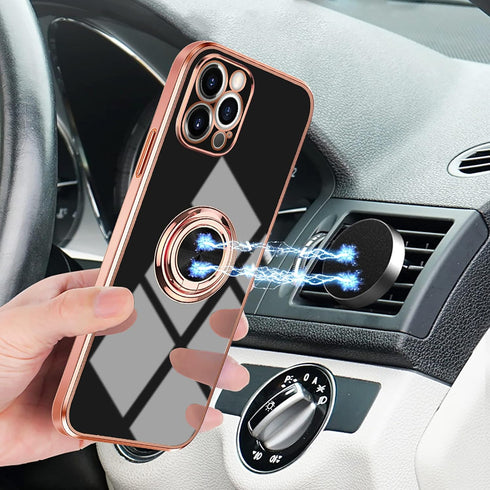 Omorro iPhone 12 Pro Max Ring Holder Case with 360 Rotation Kickstand, Shiny Plating, Rose Gold Edge, Compatible with Magnetic Car Mount, Slim Sof...