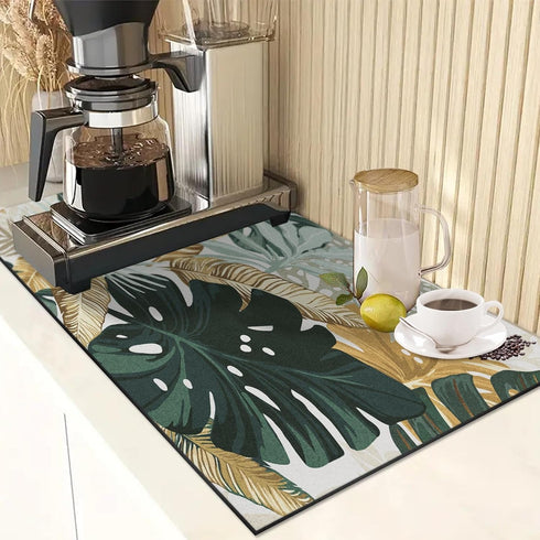 Tropical Leaves Gold Coffee Mat for Countertops, Green Palm Dish Drying Mat 2 Pcs for Kitchen Coffee Bar Accessories Fit Under Coffee Maker Espres...