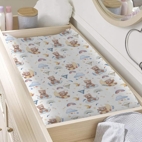Cute Bear Changing Pad Cover Cartoon Bear Rainbow Moon Stars Clouds Leaf Diaper Changeg Table Sheets Cover for Boys Girls Soft Stretchy Snug Fitte...