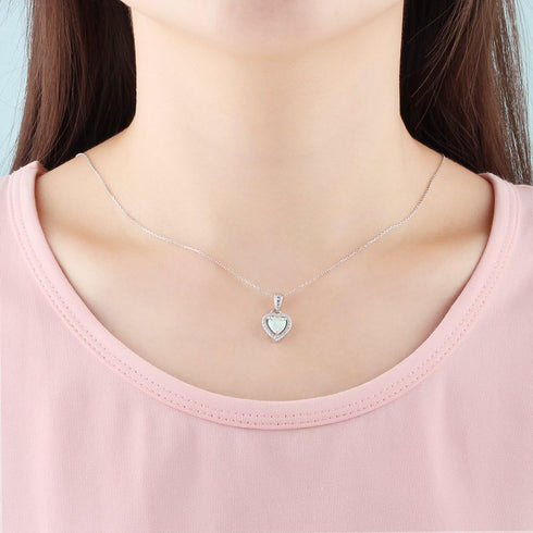 Sterling Silver Heart Shape Created Opal Pendant Necklace (6mm Opal Halo Heart)...