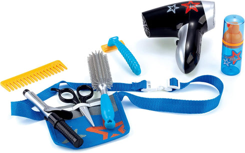 deAO Stylist Hairdresser Barber Salon Role Play Set with Hairdryer, Curling Iron, Belt and Styling Accessories Included – Great Pretend Play Set f...