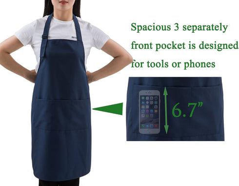 Navy Professional Resist Water Adjustable Extra Long Bib Apron 3 Pockets Home Kitchen Garden Restaurant Cafe Bar Pub Bakery for Cooking Chef Baker...