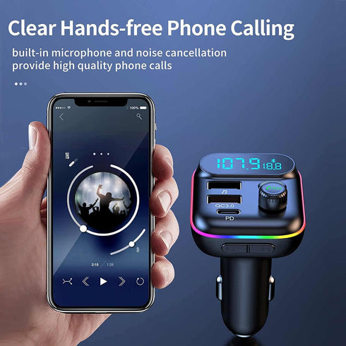 Bluetooth Adapter for Car, Wireless FM Radio Transmitter, Wireless Bluetooth 5.0, MP3 Music Player, QC3.0 + PD 20W USB Car Charger, 7 Colors LED B...