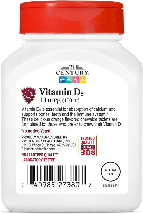 21st Century D3 400 IU Orange Chewable Tablets, Gluten free, 110 Count (Pack of 3)...